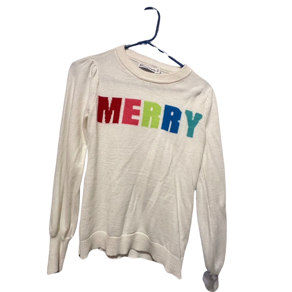 New York & Company Cream Sweater with Colorful 'MERRY' Design